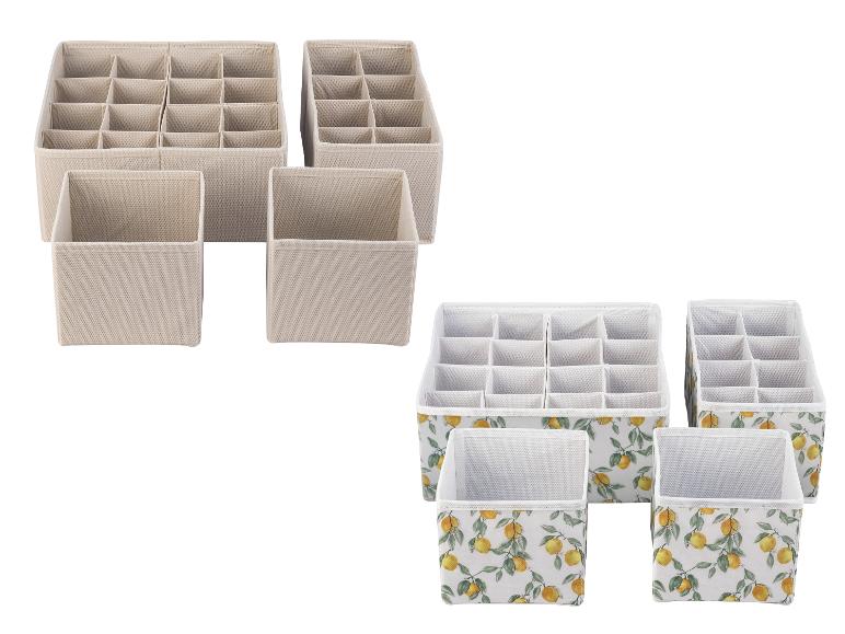 Beige opbergdozen en dozen met citroendruk: multi-compartiment lade-organizers.