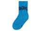 Blauwe sokken met het Smurfen logo.