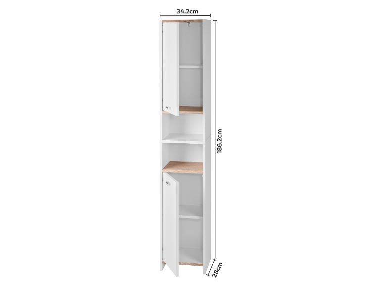 Hoge smalle badkamerkast met witte deuren en houten planken, met afmetingen.