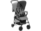 Grijze kinderwagen met kap, veiligheidsharnas en opbergmand.