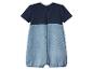 Baby jumpsuit met korte mouwen, marineblauw en licht denim, met knopen op de rug.