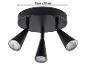 Zwarte plafondlamp met drie verstelbare LED-spots, 18 cm diameter.