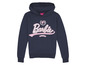 Een donkerblauwe hoodie met Barbie-logo.