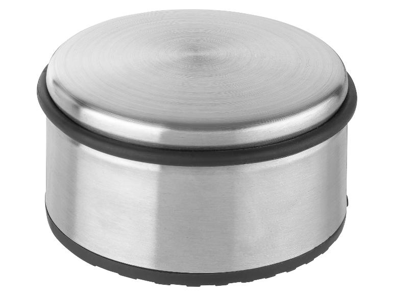 Ronde geborsteld stalen deurstop met een zwarte rubberen ring.