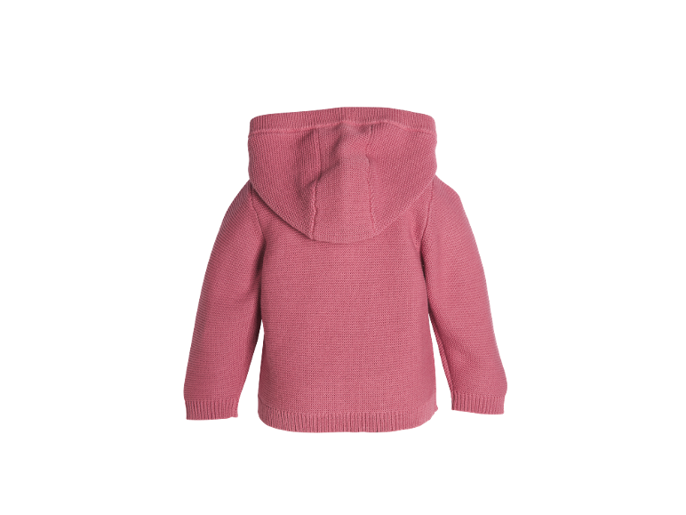 Roze gebreide kinderhoodie, van achteren gezien.