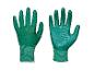 Twee groene tuinhandschoenen met geribbelde manchetten, één met de handpalm naar voren en één met de rug naar voren.