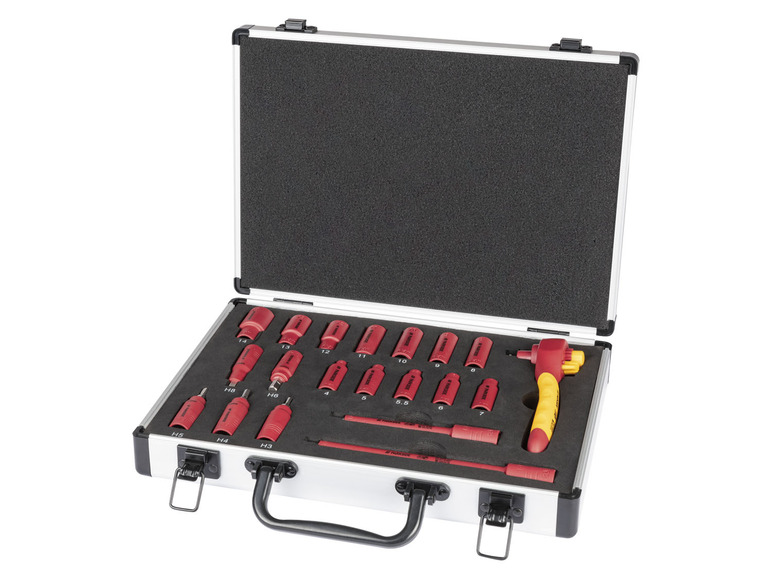 Een gereedschapskoffer met schroevendraaiers, bits en een ratelmechanisme van PARKSIDE.