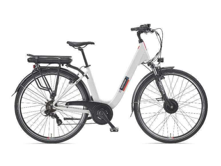 Witte elektrische fiets met een zwart zadel, bagagedrager en spatborden.