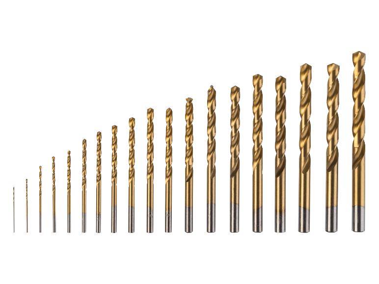 Een set titanium boren in verschillende maten, oplopend gerangschikt.