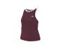 Bordeauxrood mouwloos sporttopje met witte bies en een klein wit logo.