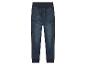 Donkerblauwe jeans met elastische tailleband en boordjes.