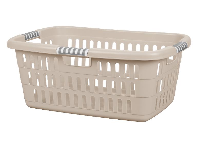 Beige wasmand met grijze handvatten.