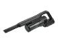 Zwarte draadloze handstofzuiger met een 24V 2.5Ah accu en transparant stofreservoir.