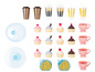 Speelgoed cupcakes, koffiebekers, theebekers en een koekendoos.