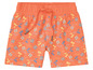 Oranje shorts met een print van palmbomen en slippers.