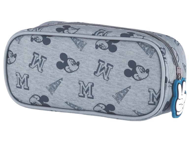 Grijze Mickey Mouse etui: Mickey patronen en letters.