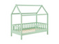 Een mintgroen kinderbed met een huisvormig frame.