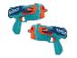 Twee Super speelgoedpistolen, turquoise en donkerblauw.