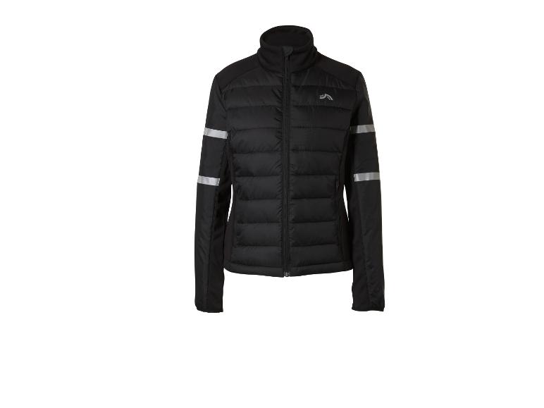 Zwart gewatteerd sportjack met reflecterende strepen op de mouwen.