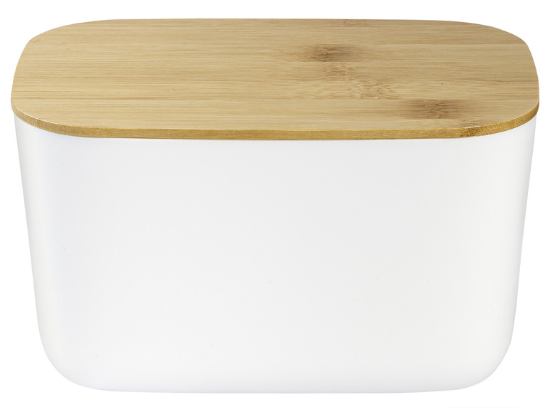 Een witte broodtrommel met een houten deksel.