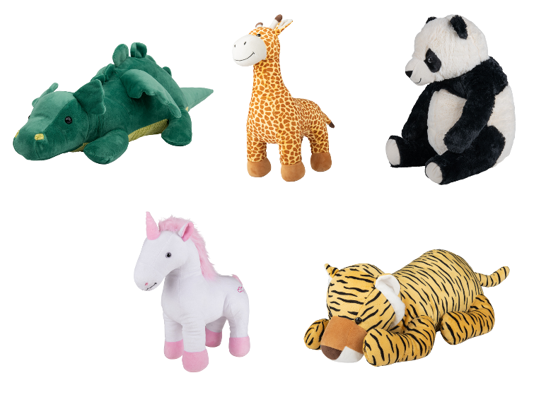LUPILU® knuffels in de vorm van verschillende dieren zoals een draak, giraf, panda, eenhoorn en tijger.