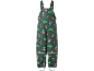 Groene waterdichte kinderoveralls met superheldenprint, verstelbare bandjes en reflecterende streep.