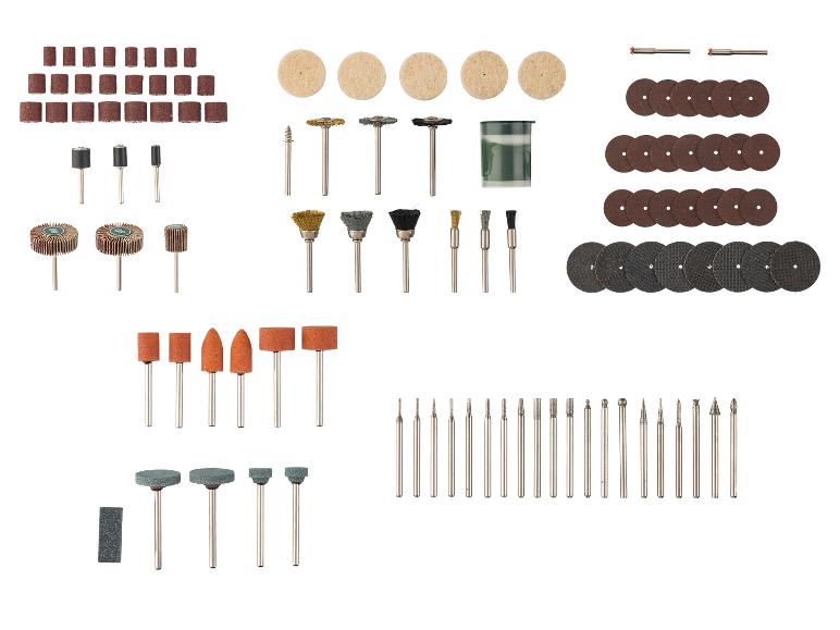 Set schuur- en polijstaccessoires voor roterende gereedschappen, inclusief schuurbanden, borstels en schijven.