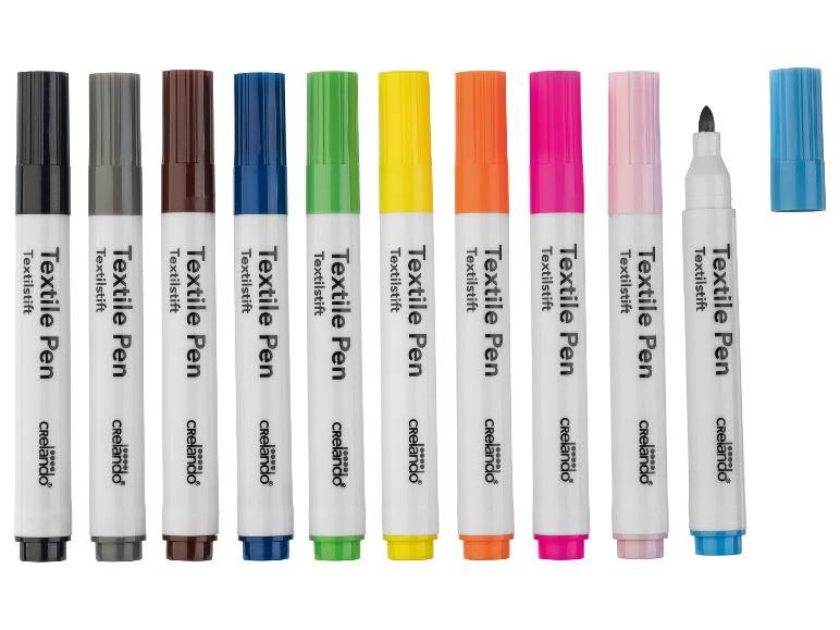 Crelando textielstiften: zwart, grijs, bruin, blauw, groen, geel, oranje, roze, wit en lichtblauw.