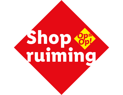 Rood ruitvormig etiket met de tekst 'Shop ruiming Op=Op!'