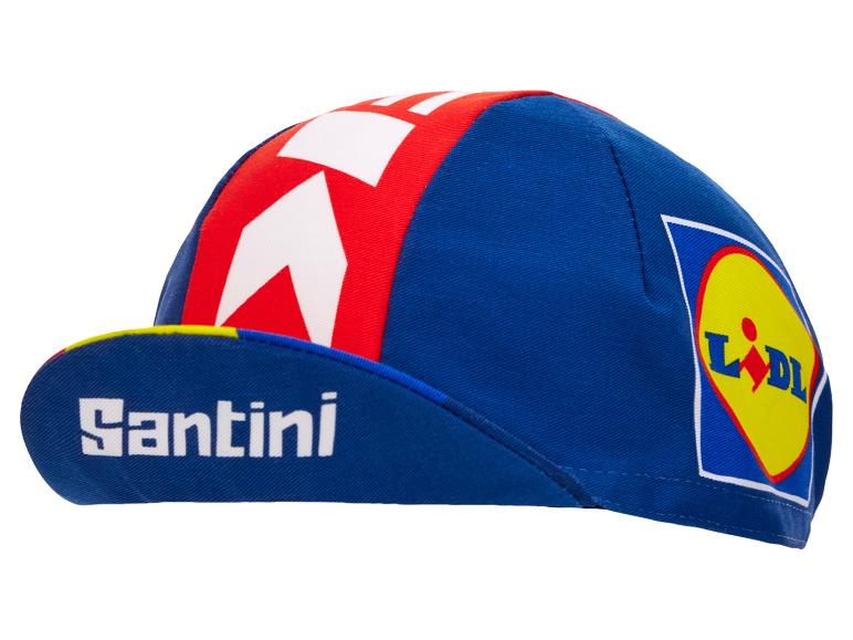 Santini fietspet, blauw en rood met Lidl logo.