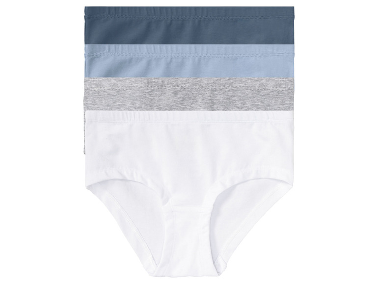 Drie paar damesonderbroeken, wit, grijs en blauw.