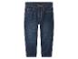 Donkerblauwe kinderjeans met gele stiksels.