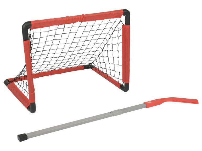 Een rood voetbaldoel met een zilveren stick.