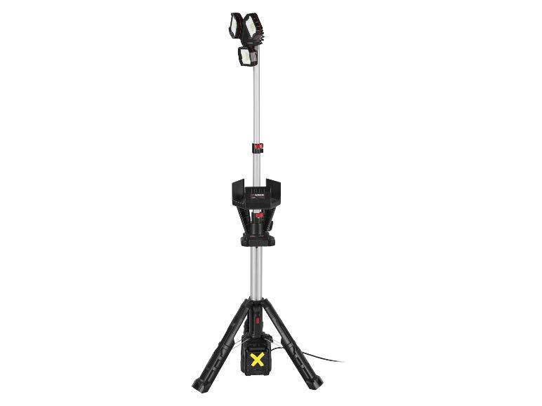 Werklicht op statief, met twee lichtkoppen en een batterij.