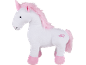 Witte pluche eenhoorn met roze manen en hoeven.