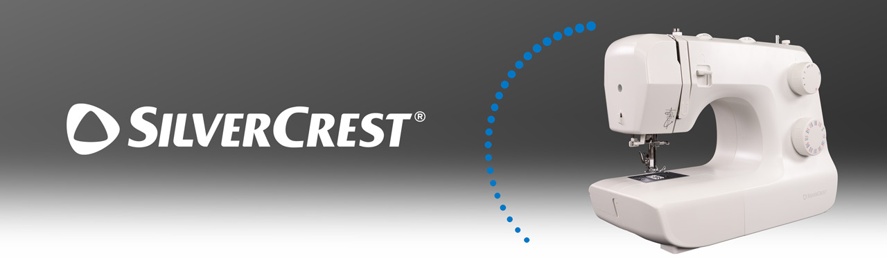 Banner met Silvercrest Logo en de witte naaimachine SNM 33 D2