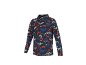 Shirt met lange mouwen met vossen- en bergpatroon in rood, blauw en wit op een donkerblauwe achtergrond.