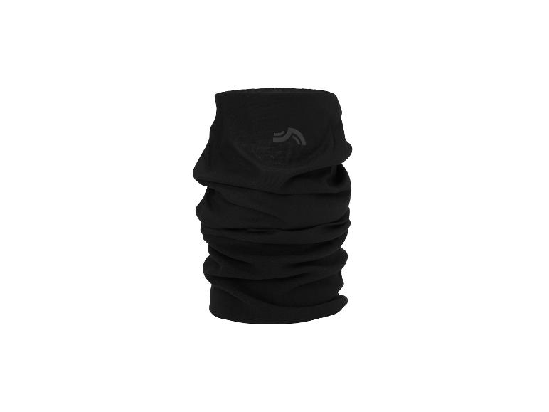 Zwarte multifunctionele nekwarmer met discreet logo.