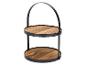 Twee-laags serveerplateau met zwart metalen frame en houten planken.