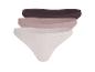 Drie slips voor dames in donkerbruin, lichtroze en beige.