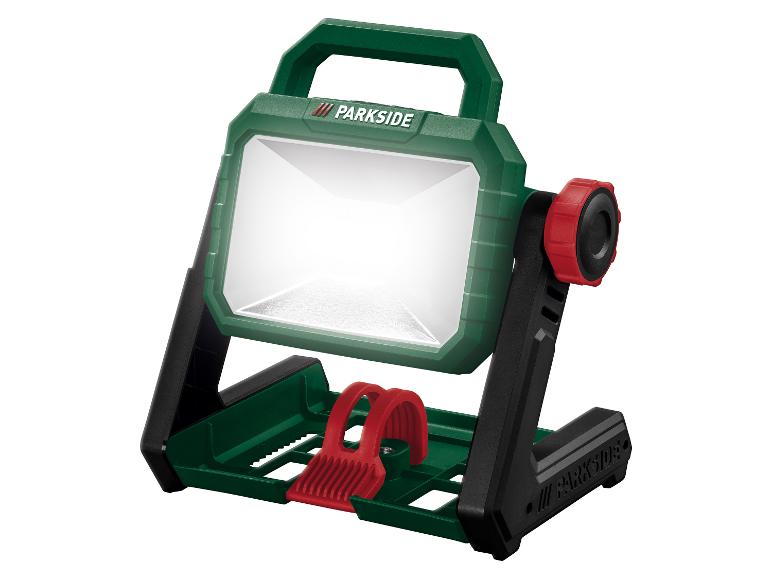 Groene en rode LED-bouwlamp met handvat en verstelbare standaard.