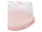 Roze plastic taartdrager met transparant deksel en handvat