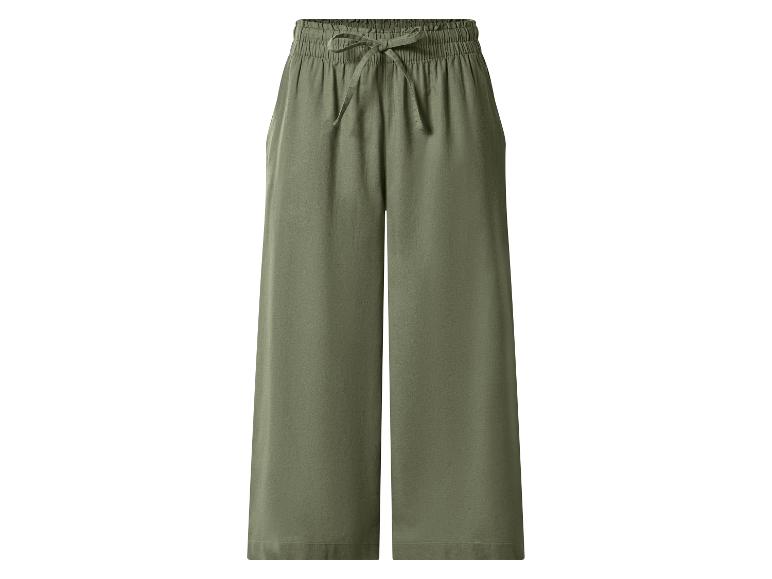 Olijfgroene wijde broek met elastische tailleband en trekkoord.