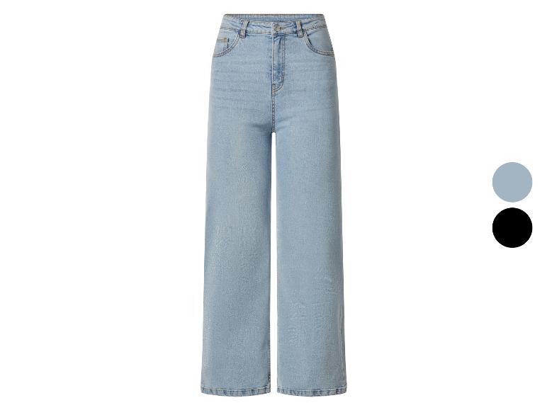 Dames high-waist wide-leg jeans in lichtblauw en zwart.