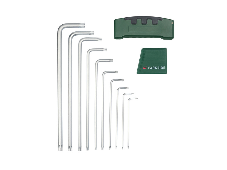 Een set inbussleutels van Parkside met een groene opbergdoos.