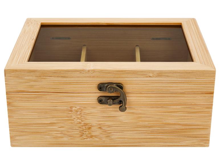 Bamboe theedoos met transparant deksel en metalen sluiting.