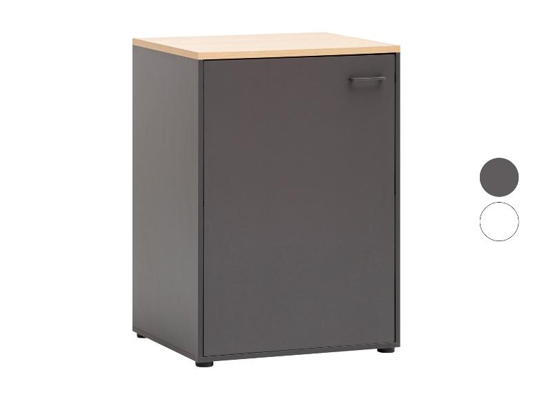 Grijze kast met licht houten blad, handvat rechts en kleurkeuzecirkels.