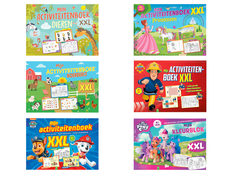 Activiteitenboeken met dierenthema, boerderij, brandweerman Sam, Paw Patrol en My Little Pony.