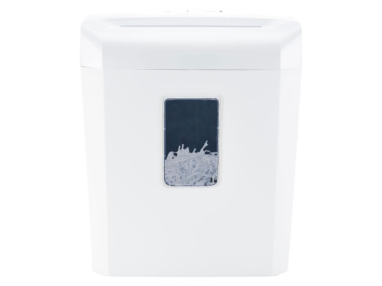 Witte documentversnipperaar met zichtbare afvalbak.