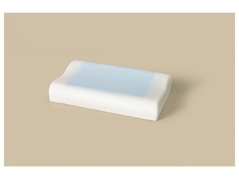 Wit en lichtblauw ergonomisch kussen met verkoelende gel op een beige achtergrond.